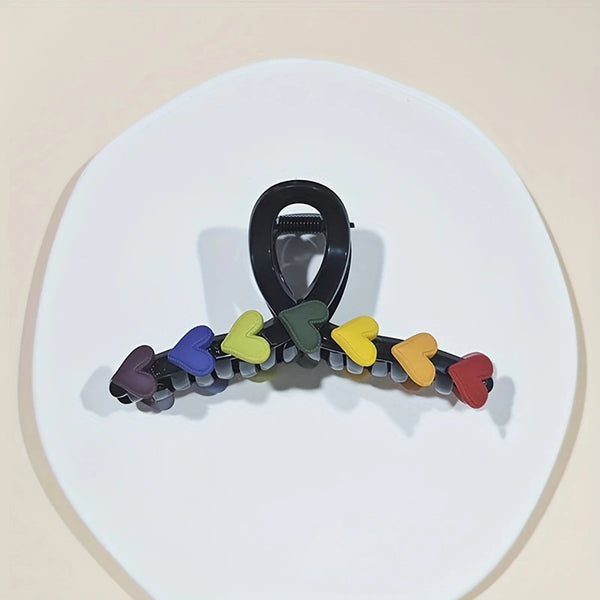 Black Claw Clip With Rainbow Hearts