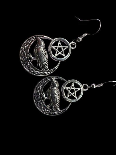 Raven and Pentagram Dangle Earrings