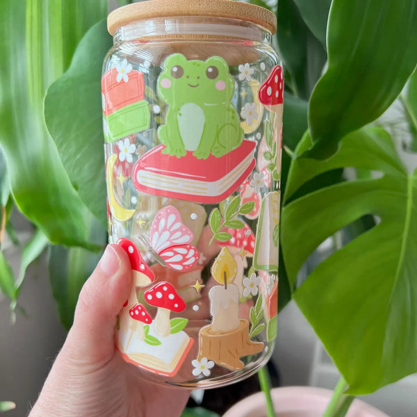 Whimsical Book Frog Glass Cup