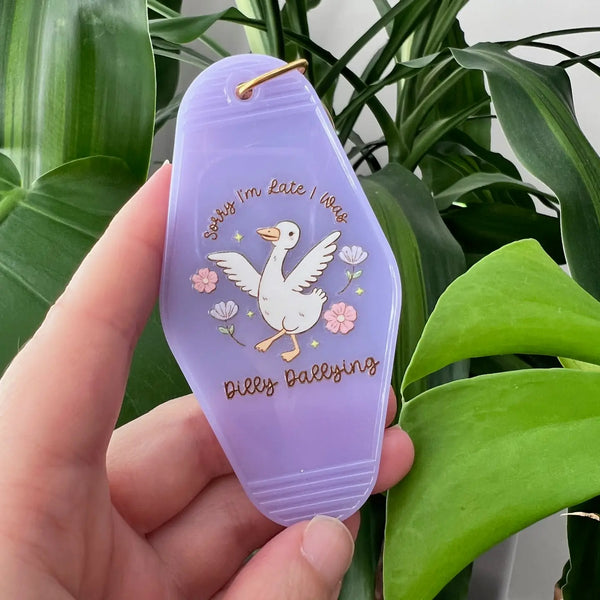 Sorry I'm Late, I was Dilly Dallying Goose Clear Glitter Keytag