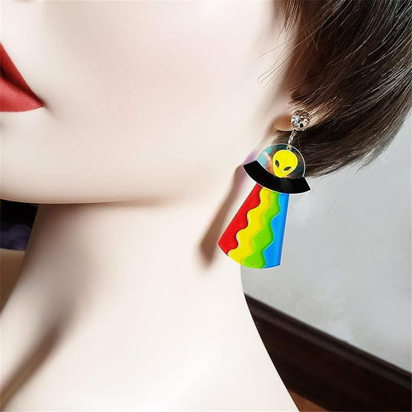 Acrylic Lazer Cut Rainbow UFO Dangle Earrings