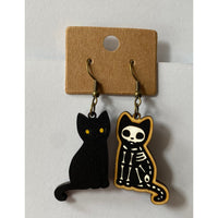 Wooden Dangly Skeleton Cat Earrings