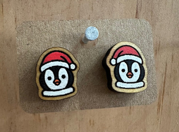 Wooden Holiday Penguin Studs