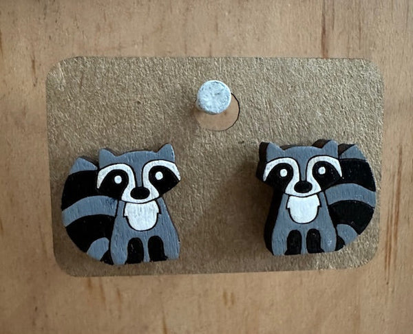 Wooden Raccoon Stud Earring