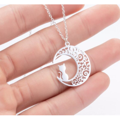 Kitty in Crescent Moon Stainless Steel Necklace