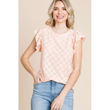 Ruffle Sleeve Eyelet T-Shirt- Assorted Colours