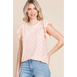 Ruffle Sleeve Eyelet T-Shirt- Assorted Colours