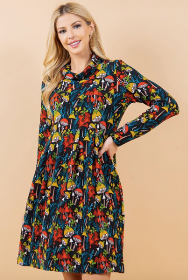 Vibrant Mushroom Print Cowl Neck Sweater Dress