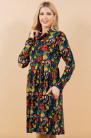 Vibrant Mushroom Print Cowl Neck Sweater Dress
