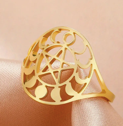 Moon Phase Pentagram 18k Plated Stainless Steel Ring