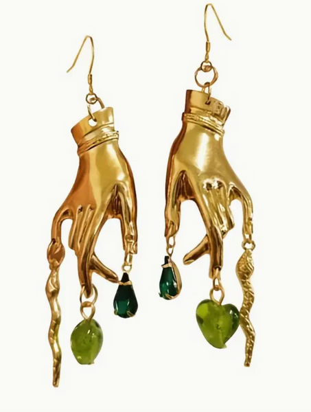 Gold Victorian Hand Snake Green Gem Dangle Earrings