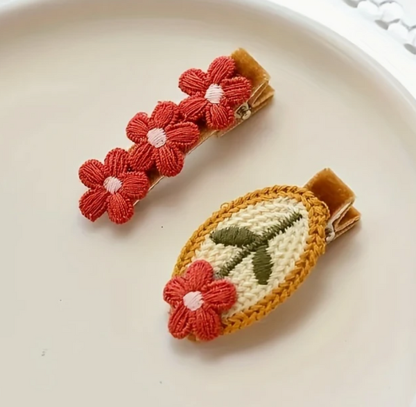 Velvet Oval Embroidered Floral Hair Clips