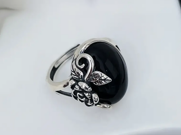 Black stone Silvery Rose Ring