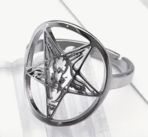 Silvery Goat Pentagram Ring