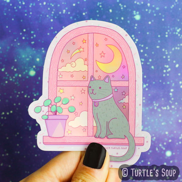 Stargazing Cat Holographic Sticker