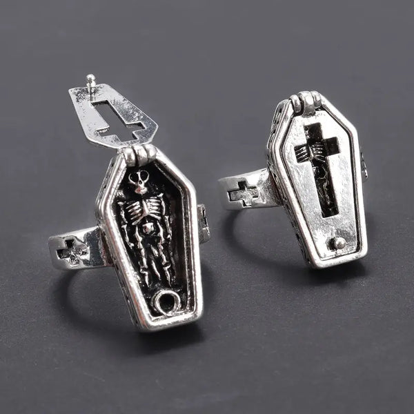 Gothic Memento Mori Coffin & Skeleton Clasp Ring